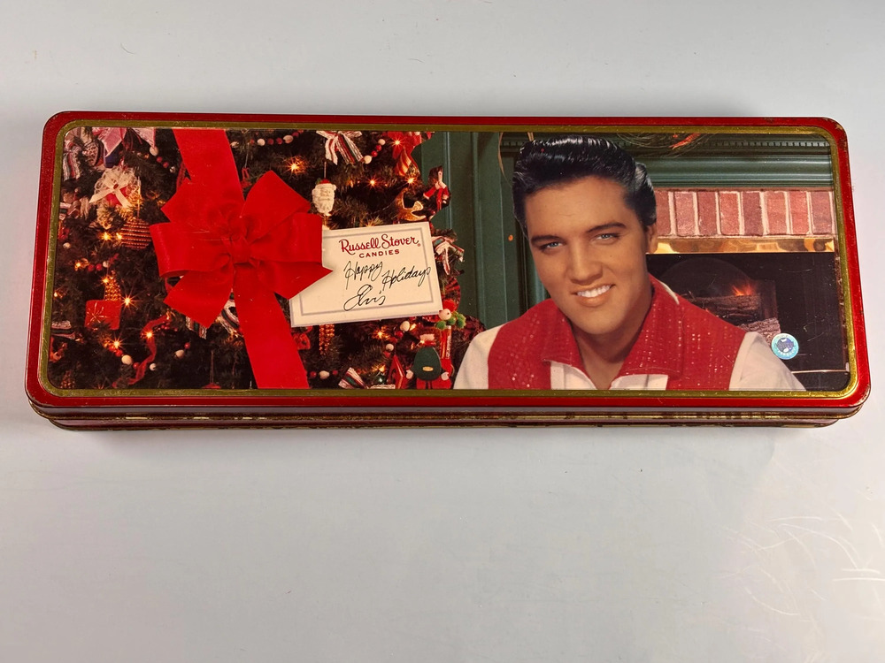 Elvis Presley Russell Stover Christmas Candy Tin Collectible Box 1997 12x5”